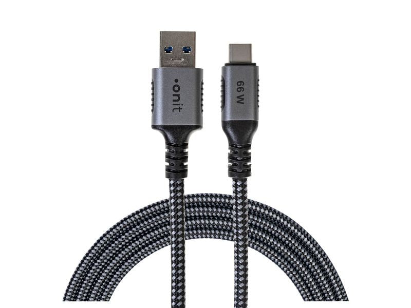 ONIT USB-A auf USB-C Kabel – USB 3.2 Gen 2 (10 Gbit/s) – 1 m – PD 66 W – Textilmantel – Schwarz/Grau