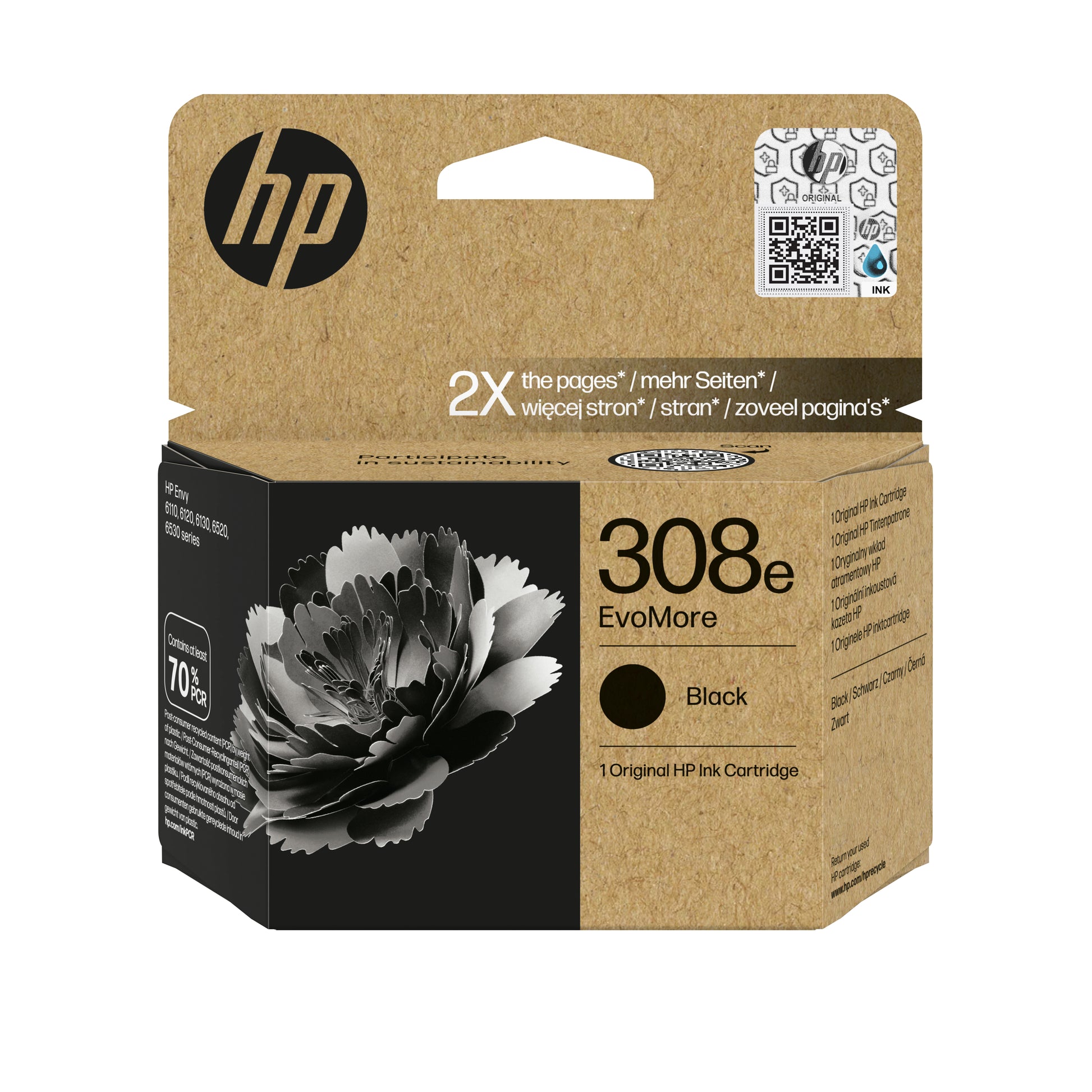 HP 308e Schwarz Tintenpatrone (Original) – 320 Seiten – für Envy 6122e/6520e – 7FP22UE