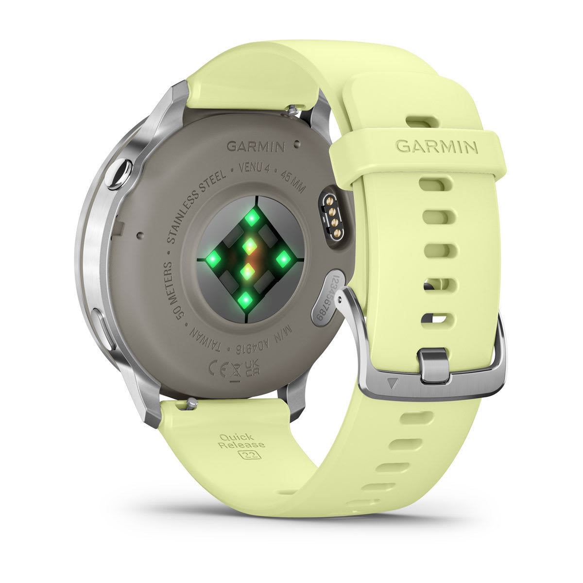 Garmin Venu 4 45 mm GPS – Edelstahl, Silber, Sportarmband Zitronengelb, 50 m, für Android, iOS