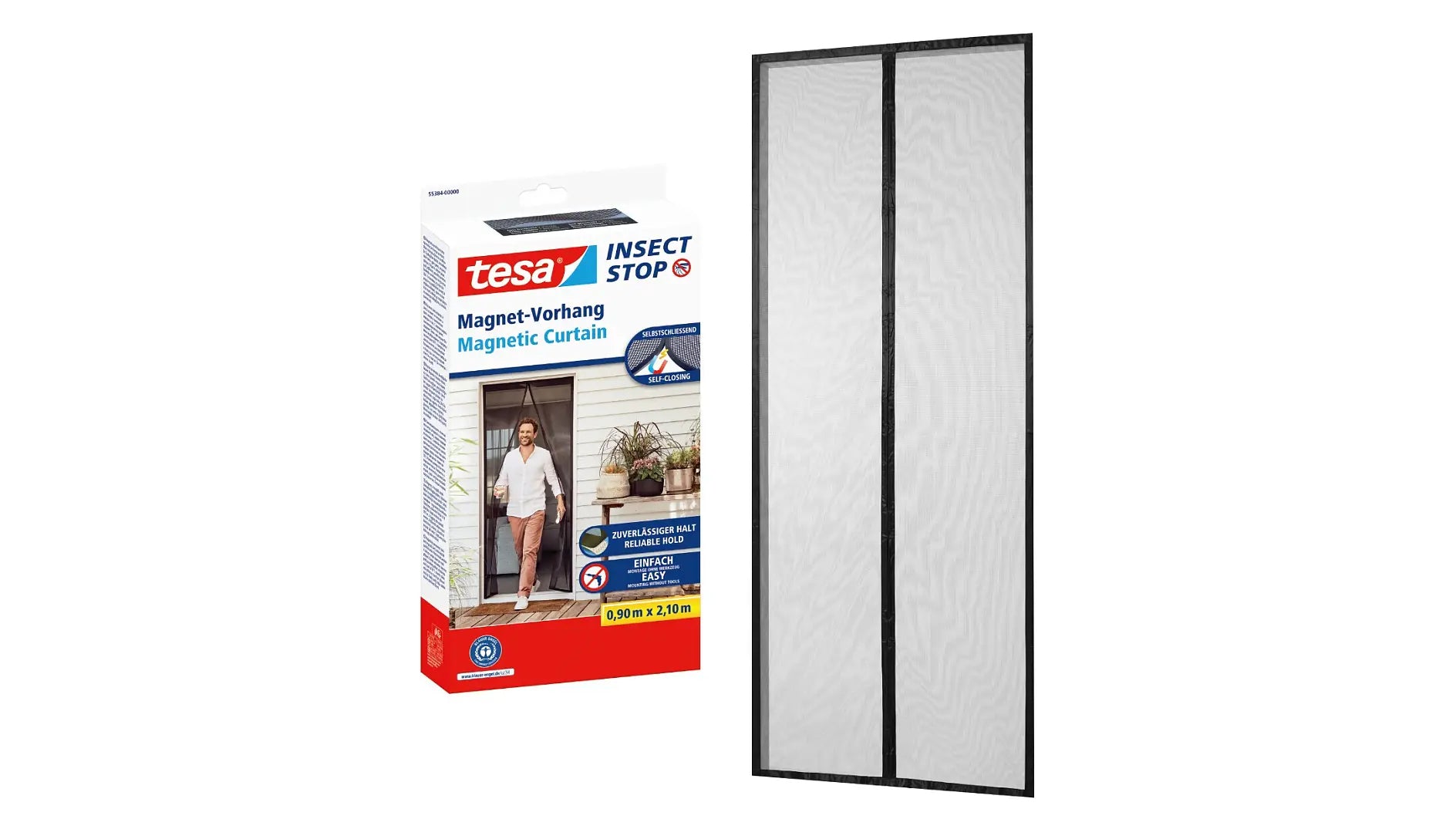 Tesa Fliegengitter Tür – 90 × 210 cm – Schwarz – Polyester – Magnetbefestigung – Für Türen