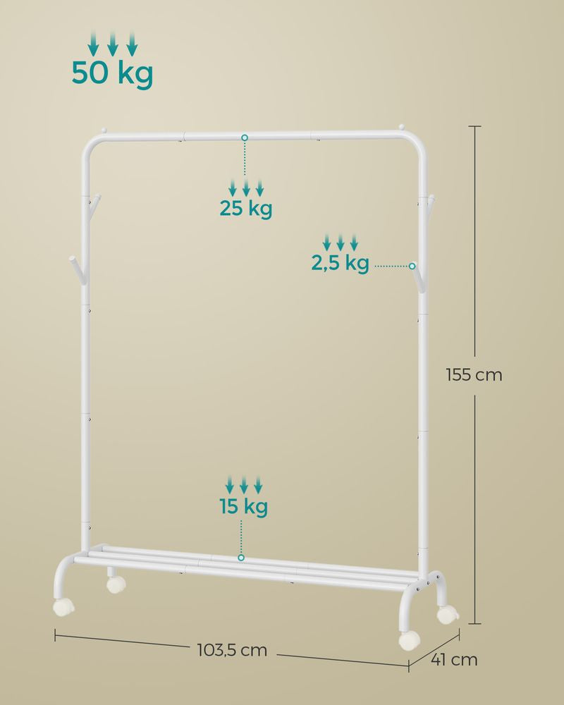 Songmics HSR131W01 Garderobenständer (4 Haken, mit Rollen) – Stahl – Weiss – 1'550 mm