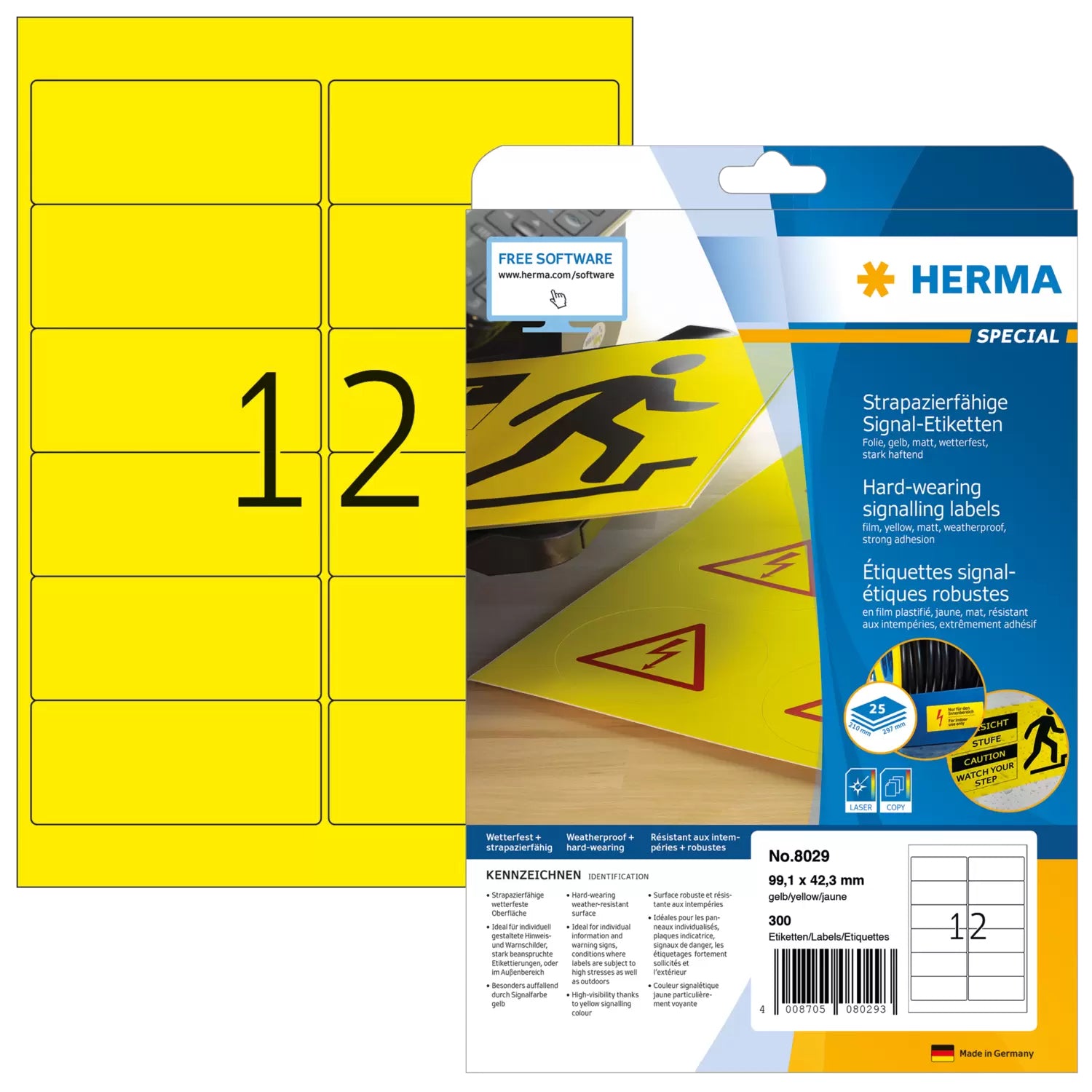 HERMA Druckeretiketten, 99 mm × 42 mm, gelb, Folie, extra stark, 300 Etiketten