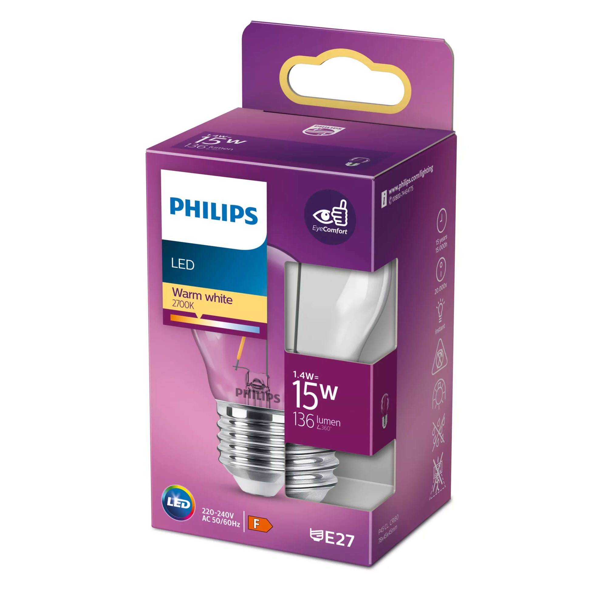 Philips by Signify Philips LED-Leuchtmittel E27 P45 – Warmweiss 2700 K, 136 lm, 1,4 W – 1 Stk. – Transparent