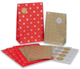 Stewo Adventskalender-Geschenktüten-Set 'Zidoni' – 16,5 × 5 × 28 cm, Papier, Gold, Rot, mit Aufklebern, 6 Stück