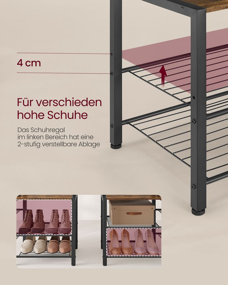 Vasagle Garderobe mit Schuhregal – 9 Haken, mit Ablage, Stahl/Spanplatte, Schwarz/Braun, 120 × 40 × 190 cm