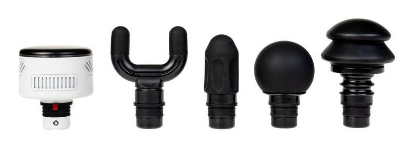 KOOR Massagepistole – Perkussionsmassage, 5 Stufen, mit Wärmefunktion – Weiss, 5 Köpfe – USB, 8 h Laufzeit