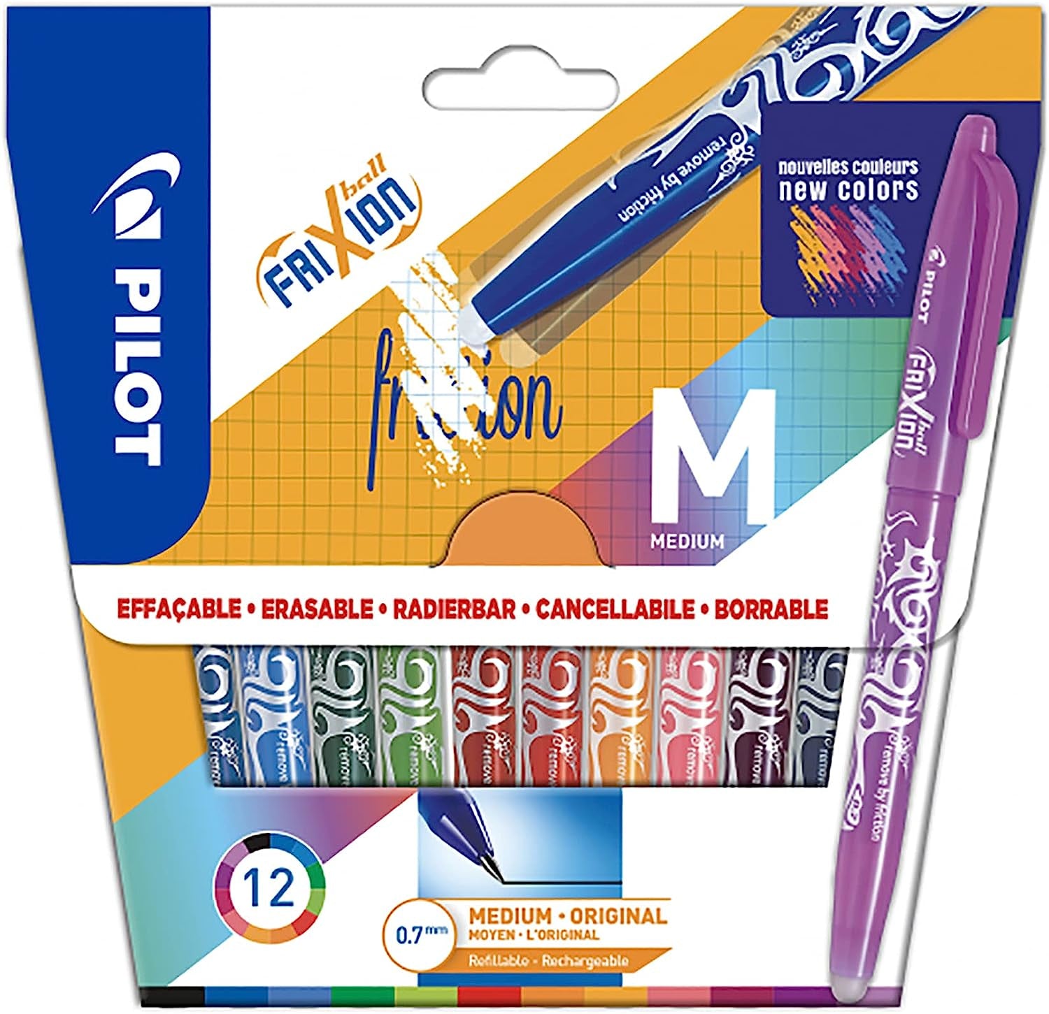 Pilot FriXion Ball – radierbares Tintenroller-Set, mit Kappe, 0,7 mm, farbig sortiert, 12er Etui