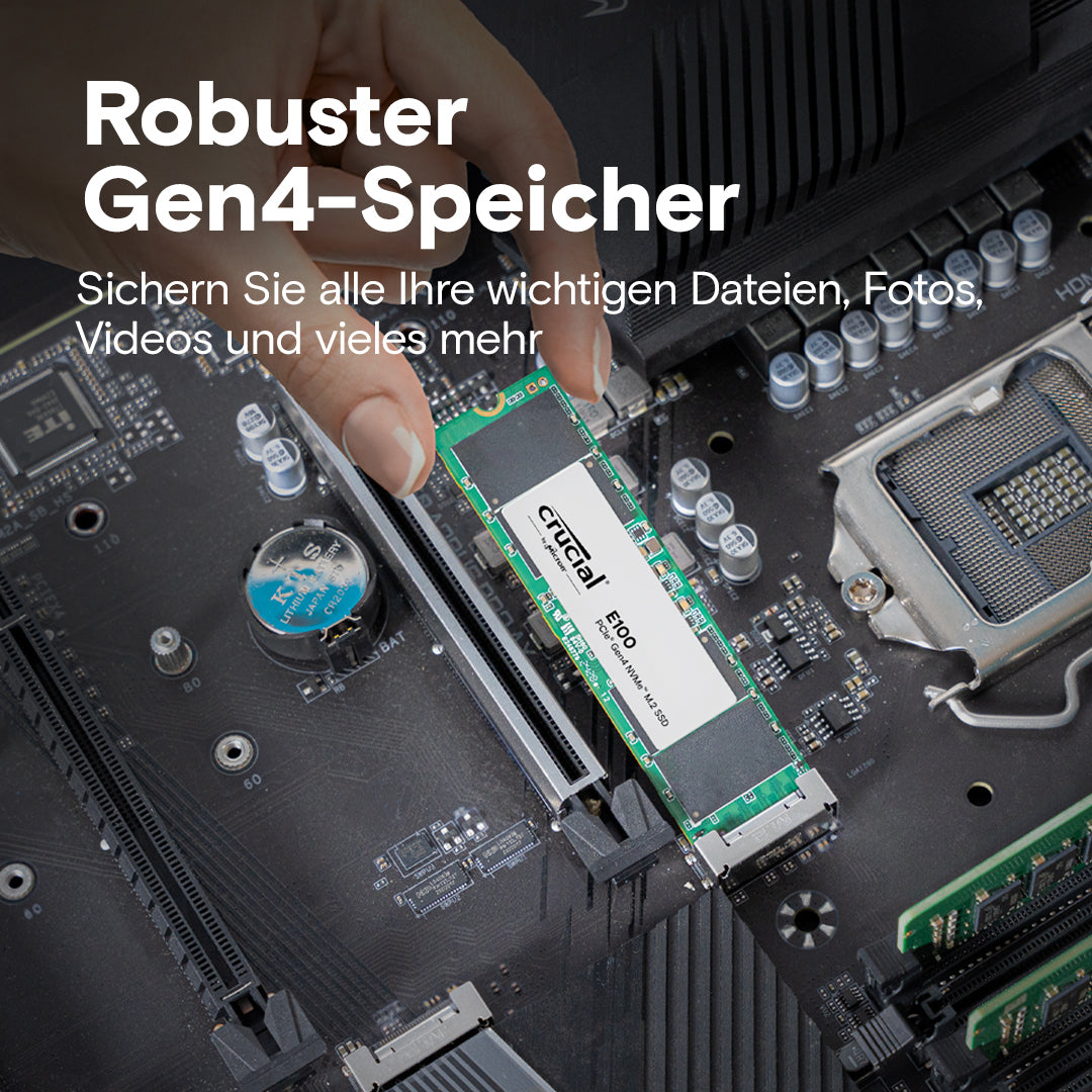 Crucial E100 2 TB – M.2 2280, NVMe, PCIe 4.0 x4, Lesen 5000 MB/s, Schreiben 4500 MB/s – für PC/Laptop