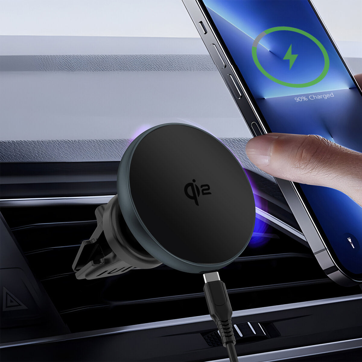 4smarts Qi2 Ladepuck Kabelloses Ladegerät 15 W – MagSafe – für Apple iPhone, Autolüftungsmontage, Grau