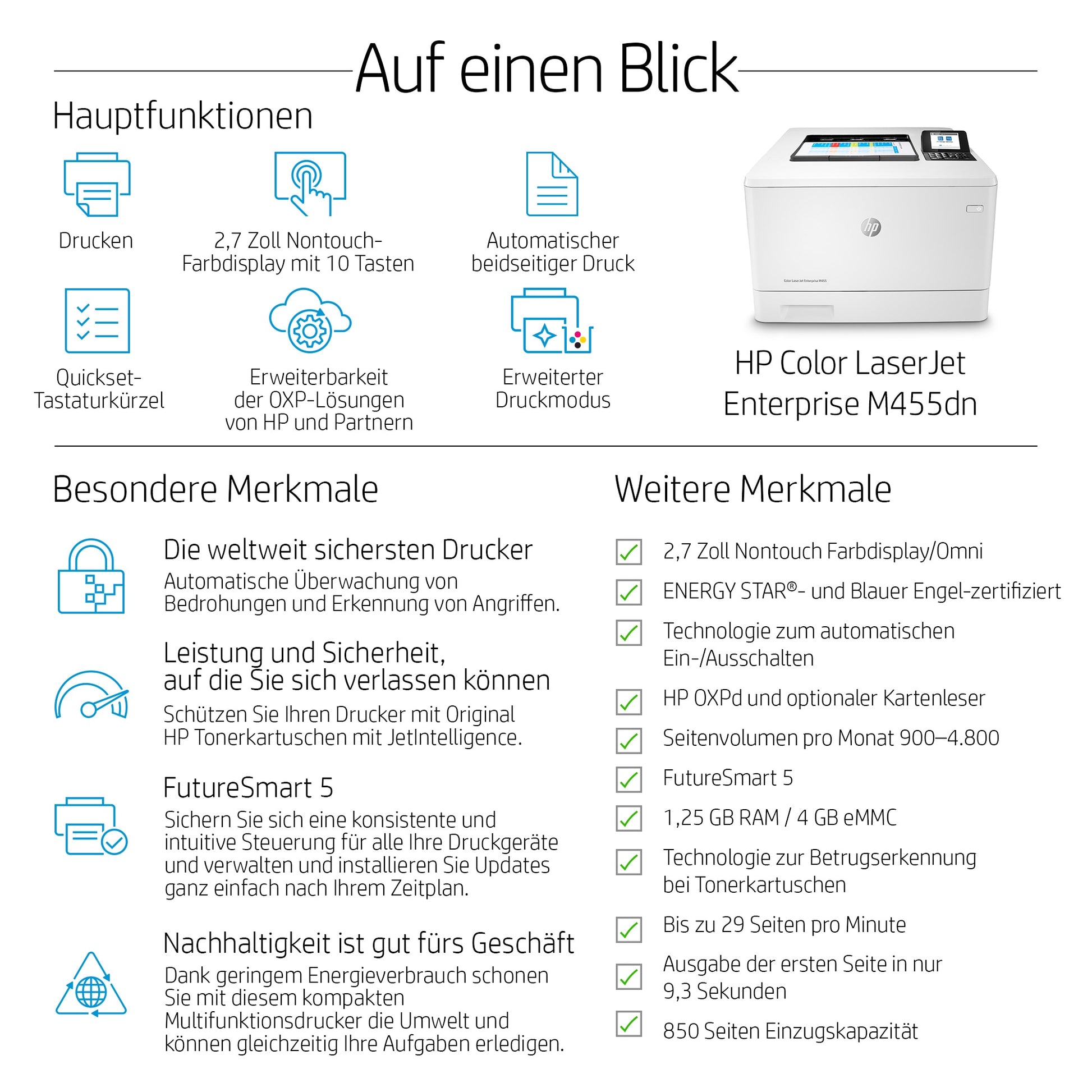 HP Color LaserJet Enterprise M455dn – A4, Farbe, Duplex, 27 S./Min., 600 × 600 dpi, WLAN/LAN/USB