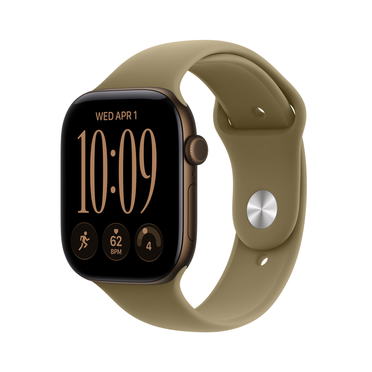 Apple Watch Series 12 46 mm GPS – Aluminium Bronze, Sportarmband, Olive, M/L, 50 m, für iPhone