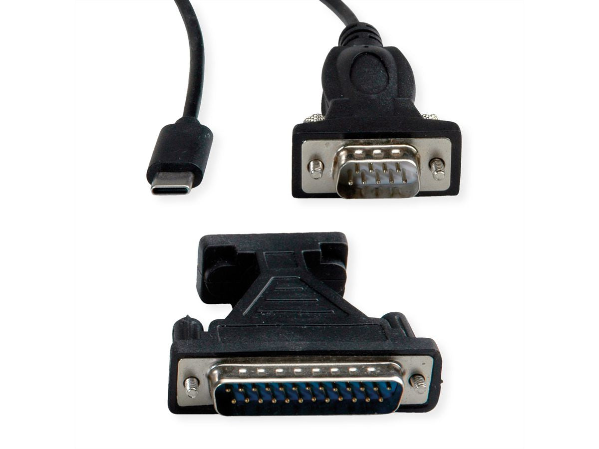 VALUE USB Seriell Konverter USB-C zu RS232 (DB9/DB25) – 1,8 m, USB 2.0/1.1 – Schwarz