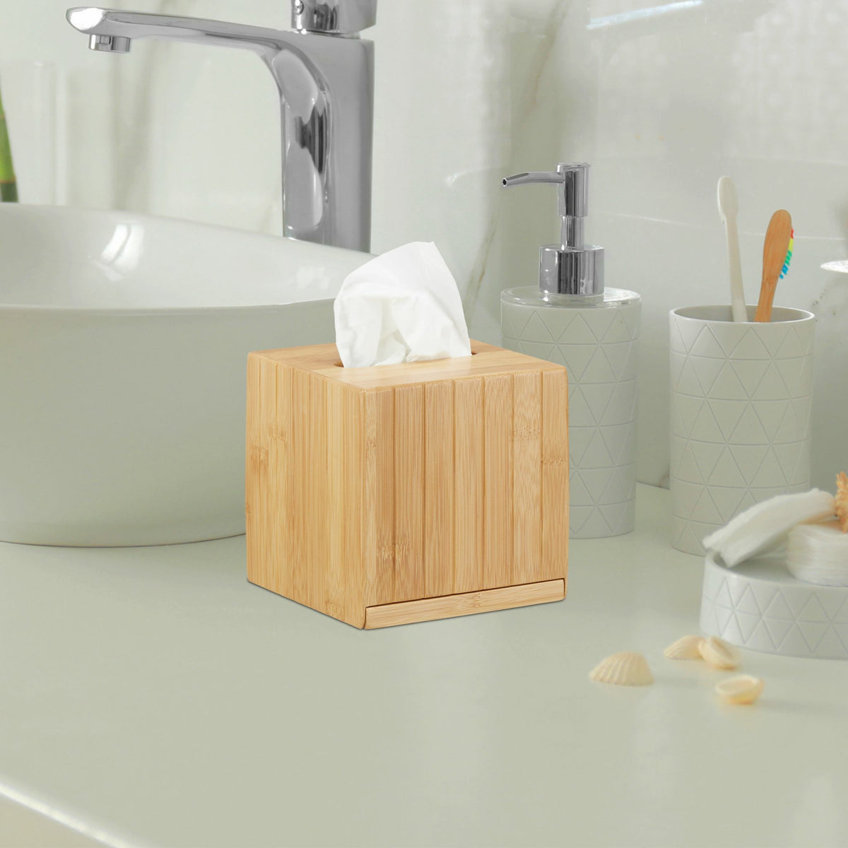 Relaxdays Kosmetiktuchbox – freistehend, Holz, Beige