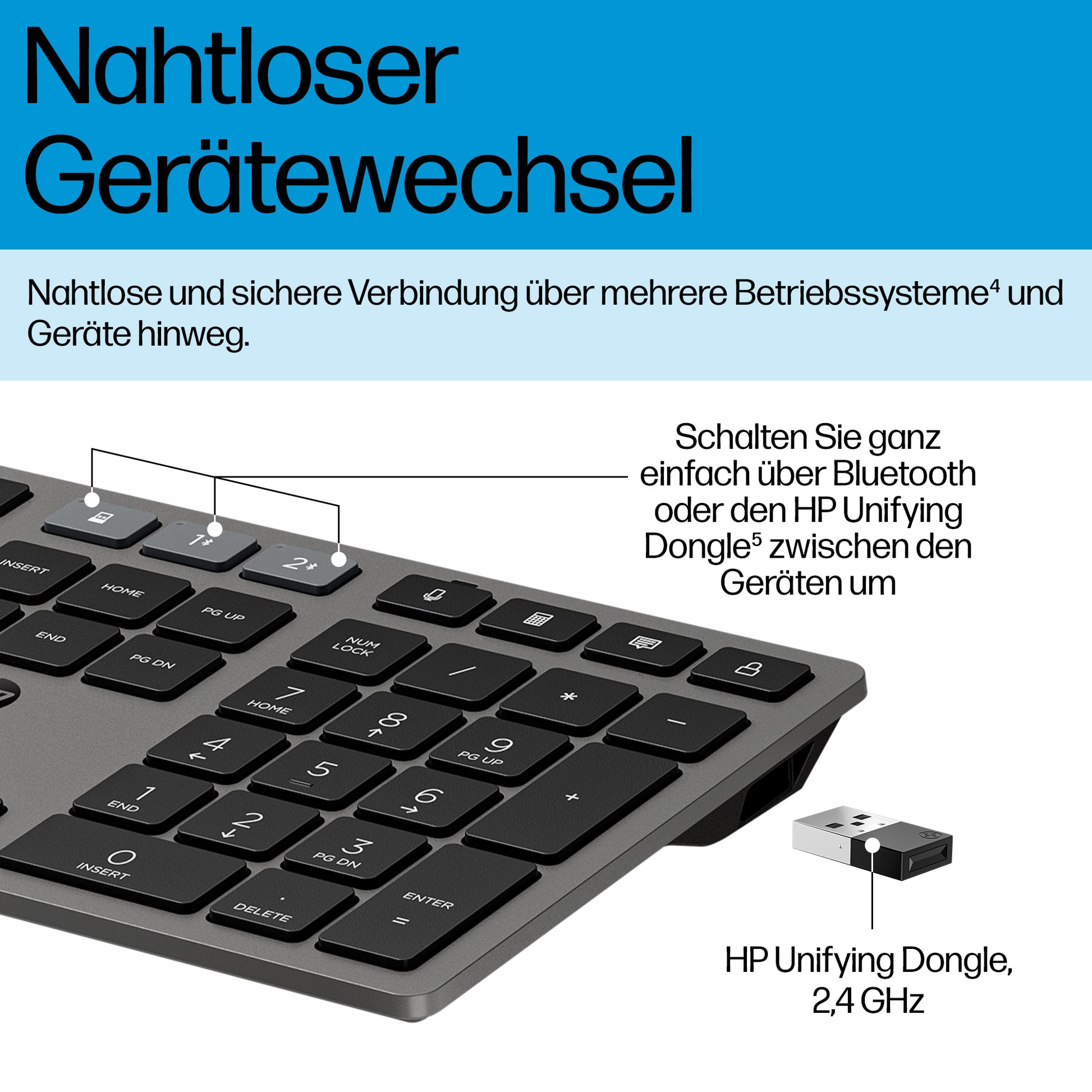HP 720 – Tastatur, kabellos (Bluetooth/2,4 GHz), Fullsize (mit Ziffernblock) – für Windows, macOS & ChromeOS