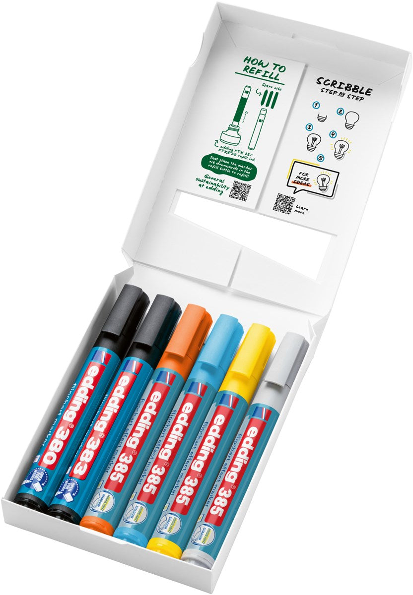 Edding Flipchart-Marker – schwarz, gelb, silber, 4 Stk., nachfüllbar, Cap-Off – für Flipcharts/Papier