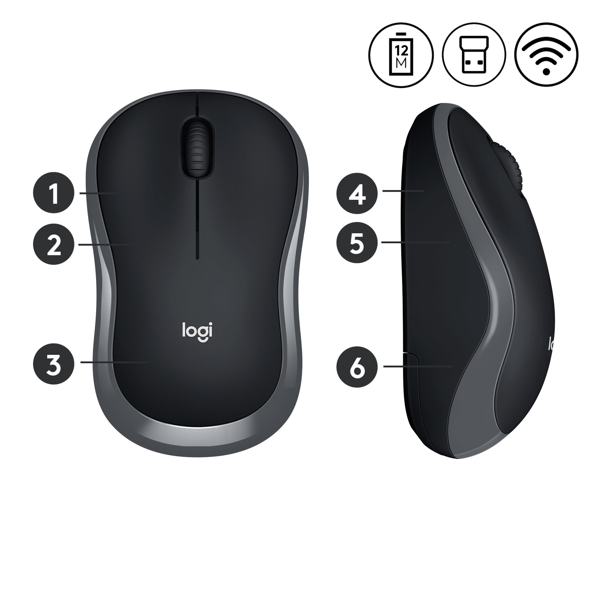 Logitech M185 Maus – kabellos, Bluetooth + 2,4 GHz, Unifying-Empfänger, Grau