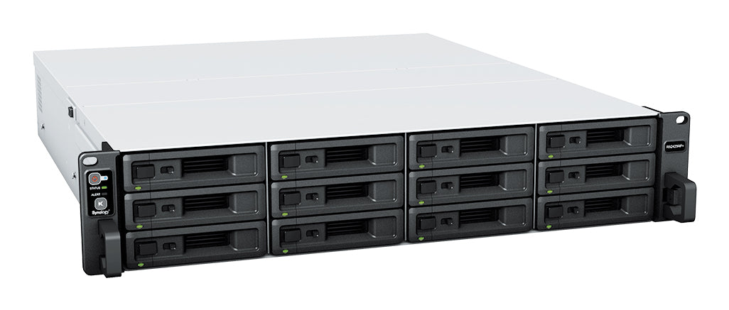 Synology RS2423RP+ – 12-Bay Rack 2U NAS – AMD Ryzen V1780B, 8 GB RAM, 10GbE, DSM, redundantes Netzteil