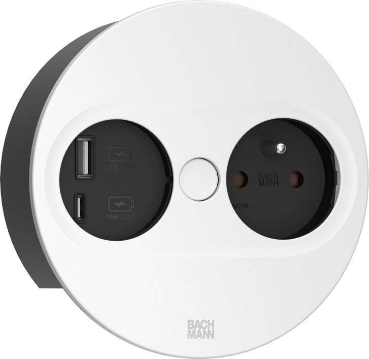Bachmann TWIST 2 Steckdoseneinheit – 1×UTE (Typ E), USB-A + USB-C 22 W, Einbau, 2,0 m, RAL 9010