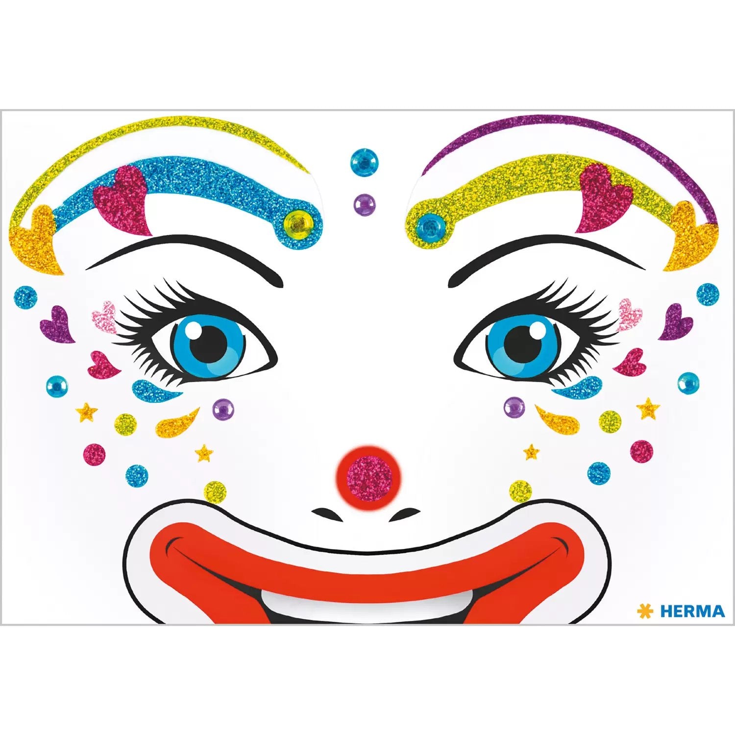 HERMA Face-Art-Sticker aus Glitterfolie, Motiv Clown Lotta, 127 × 91 mm, 33 Stück, wiederablösbar