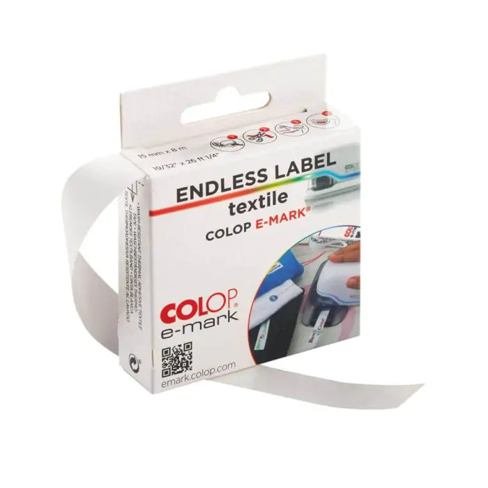 Colop e-mark GO – Endlos-Etiketten 15 × 8 m – Textil, weiss – für Colop e-mark und e-mark GO – waschbeständig