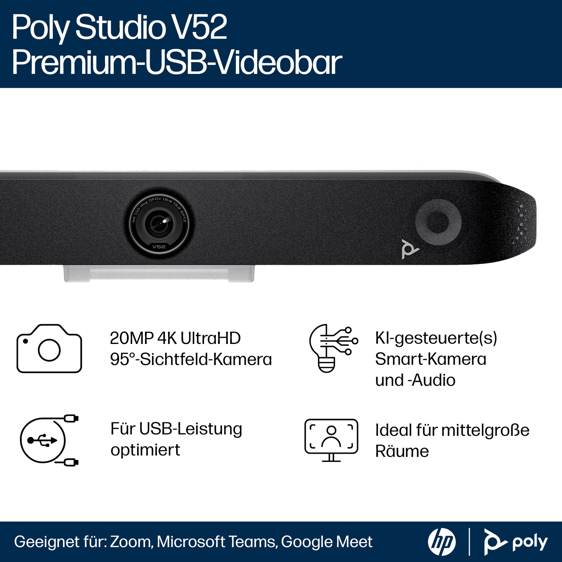 HP Poly Poly Studio V52 Videobar – 4K Ultra HD, 60 fps – Weiss