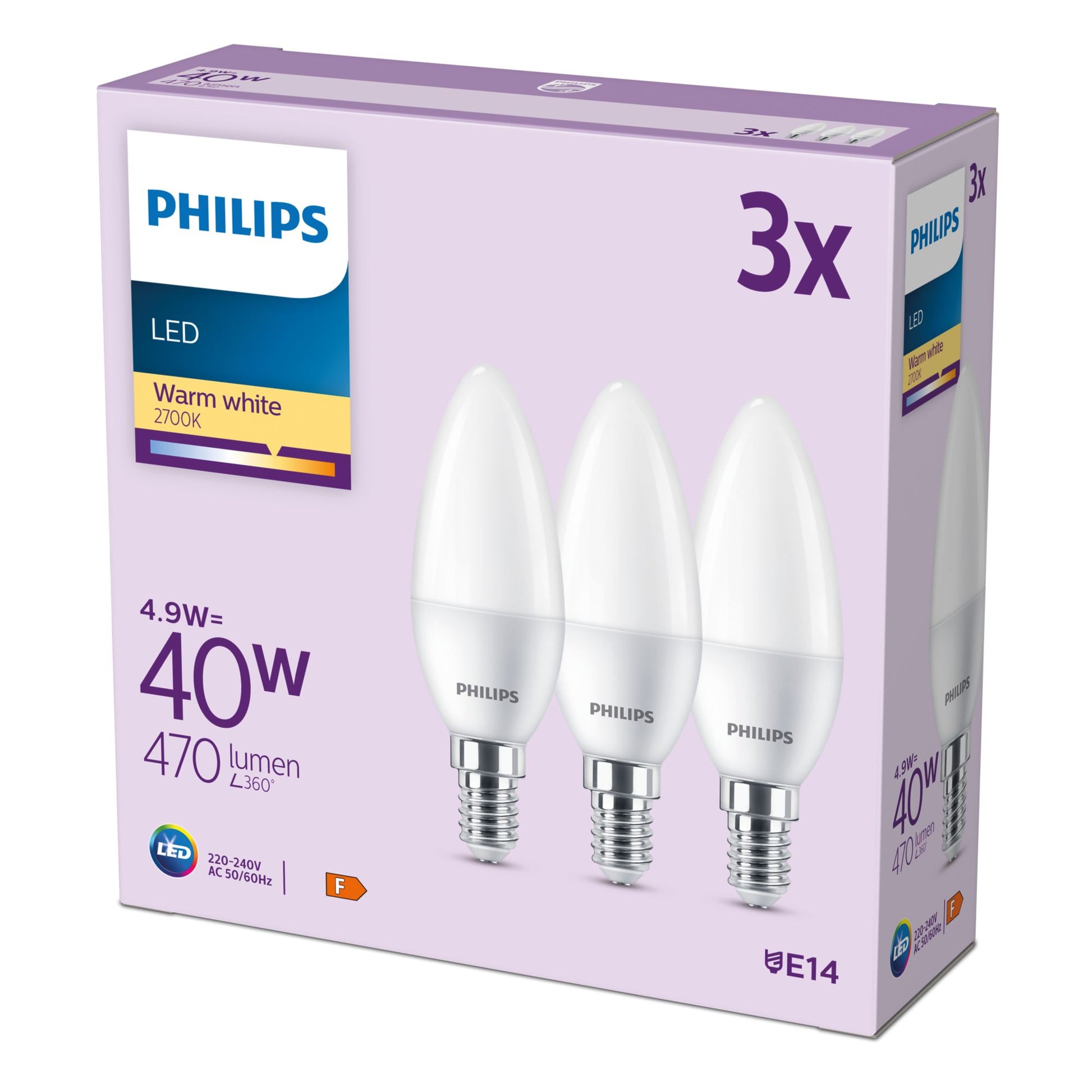 Philips by Signify Philips LED-Leuchtmittel E14 Kerze B35 – 470 lm, 4,9 W, Warmweiss 2700 K – 3 Stk. – Weiss, Glas