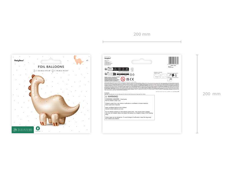 PartyDeco Folienballon Brontosaurus stehend – mehrfarbig – 85 × 91 cm – 1 Stk