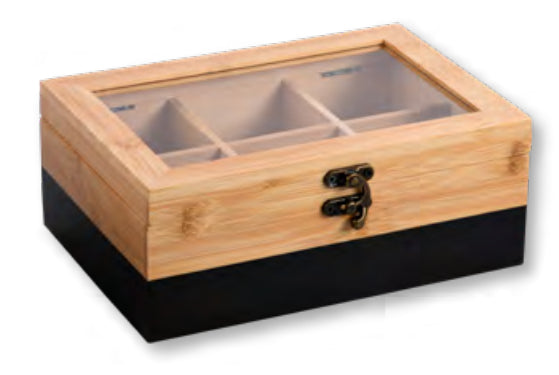 Kesper Teebeutelbox Bambus/Kunststoff/Metall, 6 Fächer, 21,5 × 15 × 8,5 cm, Braun/Schwarz