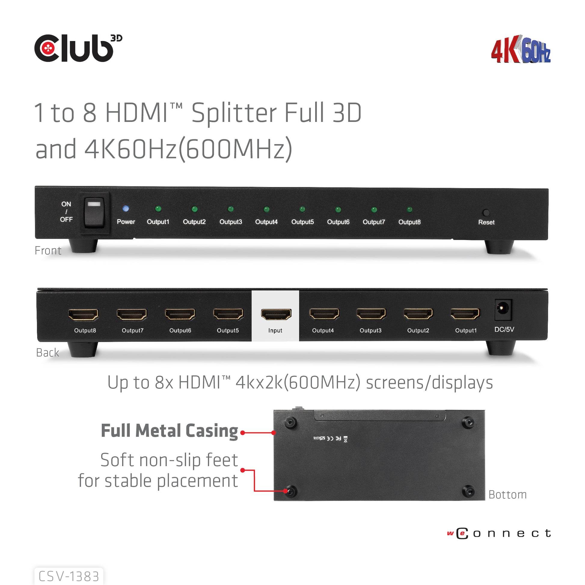CLUB3D Club 3D – HDMI-Splitter 1×8, externes Netzteil, passiv