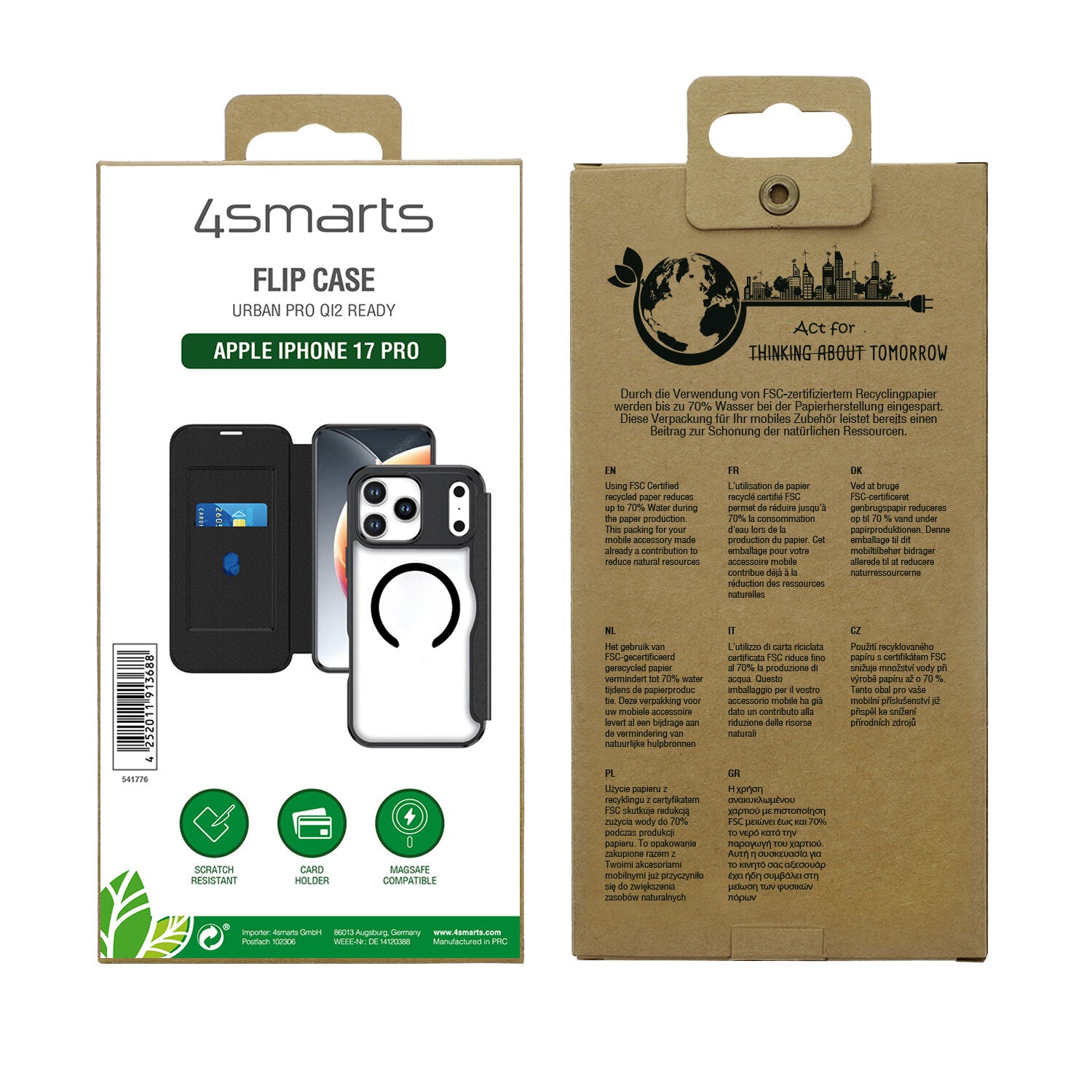 4smarts Urban Pro Wallethülle – für Apple iPhone 17 Pro, MagSafe, 1 Kartenfach, PU, Schwarz