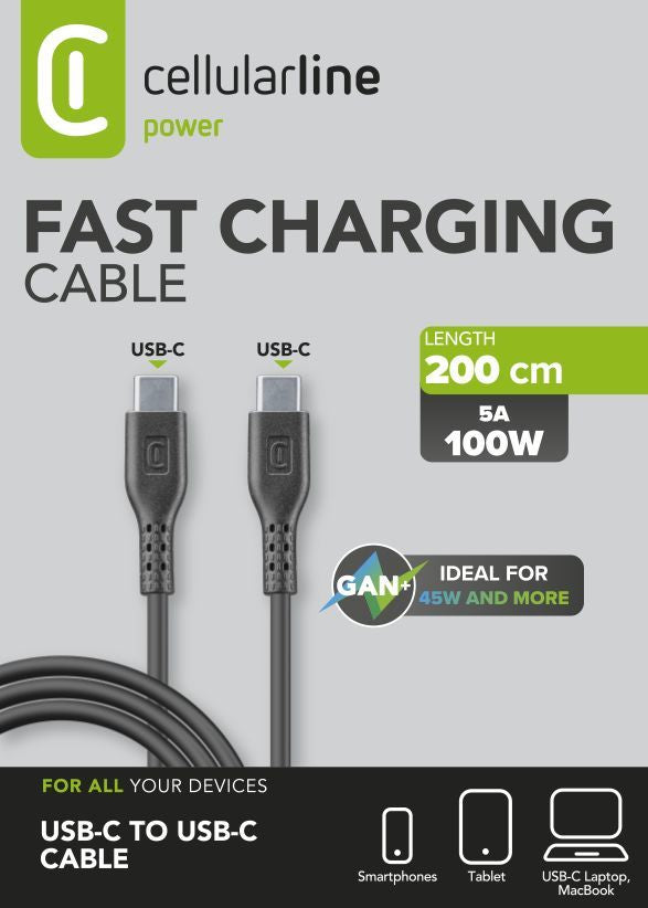Cellularline USB-C auf USB-C Kabel – 2 m – PD 100 W – Schwarz – für Smartphones, Tablets und Laptops