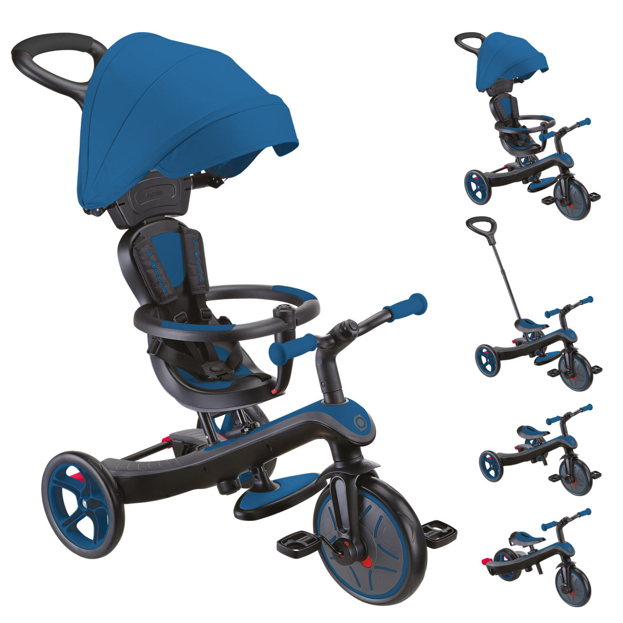 Globber Explorer 4 in 1 Dreirad – Verstellbarer Sitz, Schiebestange, Gurt – ab 10 Monaten – Blau