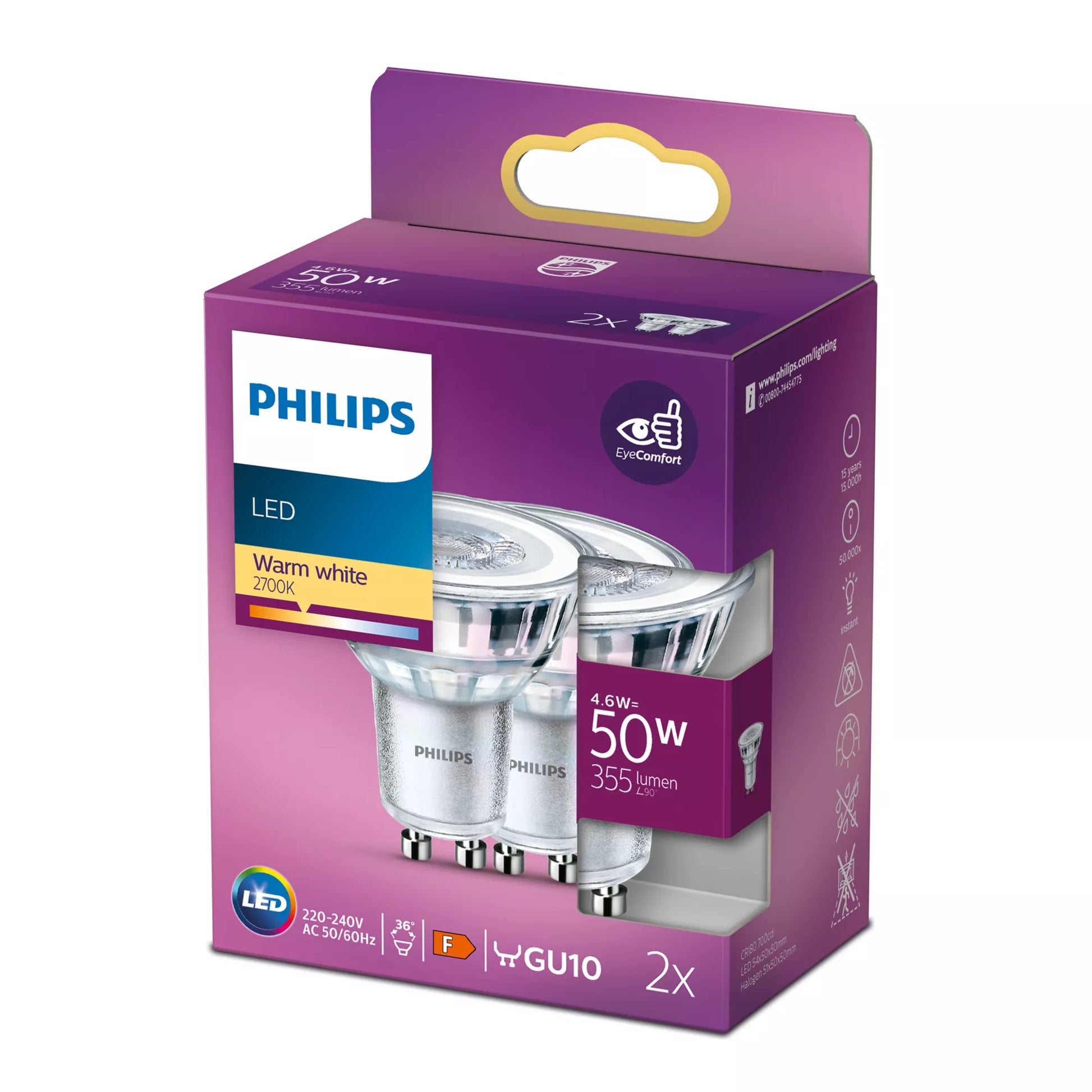 Philips by Signify Philips LED-Leuchtmittel GU10 MR16 – 355 lm, 4,6 W, Warmweiss 2700 K, 36° – 1 Stk. – Silber, Glas