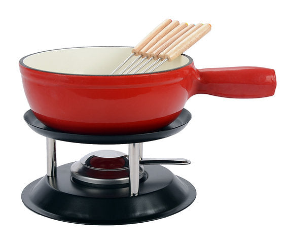 Ohmex Fondue-Set – Ø 21 cm, Gusseisen, für Käsefondue, Induktion, Elektro, Rot/Schwarz, 6 Personen, 8 Teile
