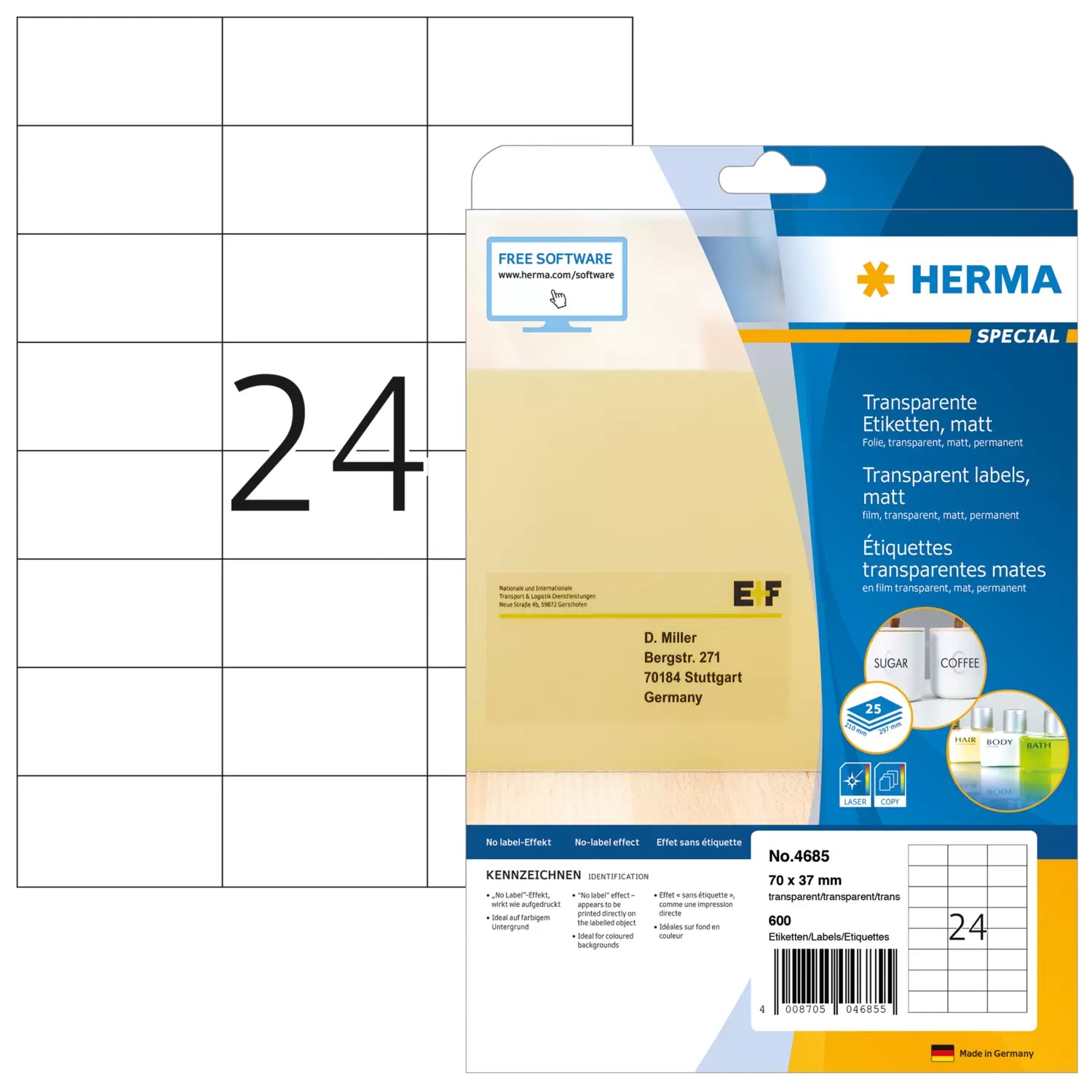 HERMA Schuletiketten – 70 × 37 mm, 600 Stk, Folie, Transparent, Permanent haftend