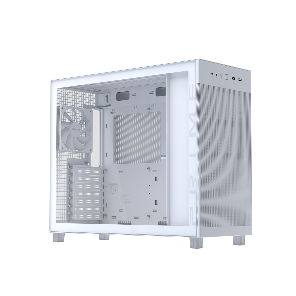 ASUS PRIME AP303 TG Weiss – PC-Gehäuse – micro-ATX/Mini-ITX/ATX, Seitenfenster, 360 mm Radiator oben, 36 cm GPU