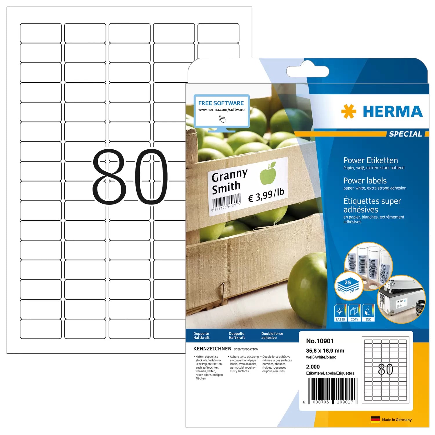 HERMA Druckeretiketten, 36 mm × 17 mm, weiss, Papier, extra stark, 25 Blatt