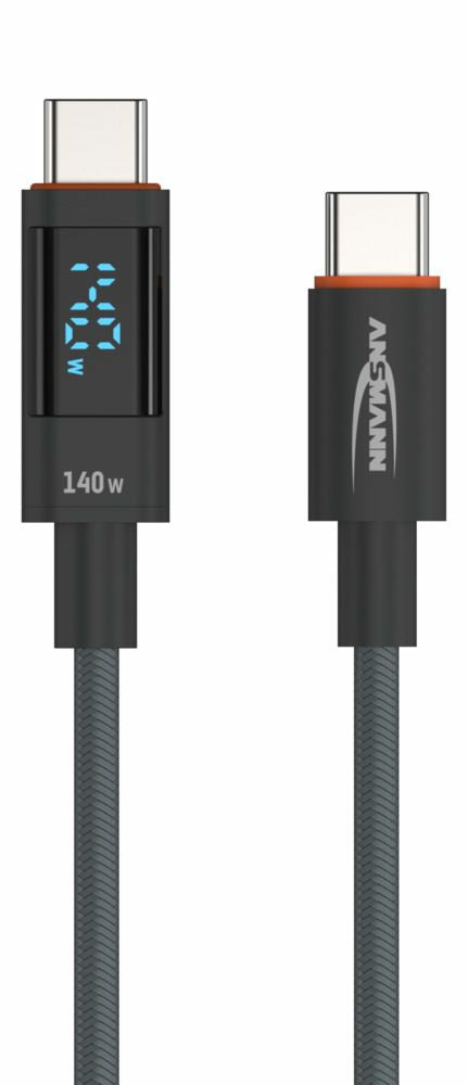Ansmann USB-C auf USB-C Kabel – USB 2.0 (480 Mbit/s) – 2 m – PD 140 W – LED-Display – Anthrazit