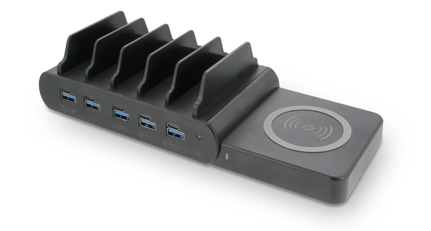 LMP DuoCharge USB-Desktop-Ladegerät 150 W – USB-C×5, USB-A×1 – GaN, Qi2-Ladepad – Schwarz