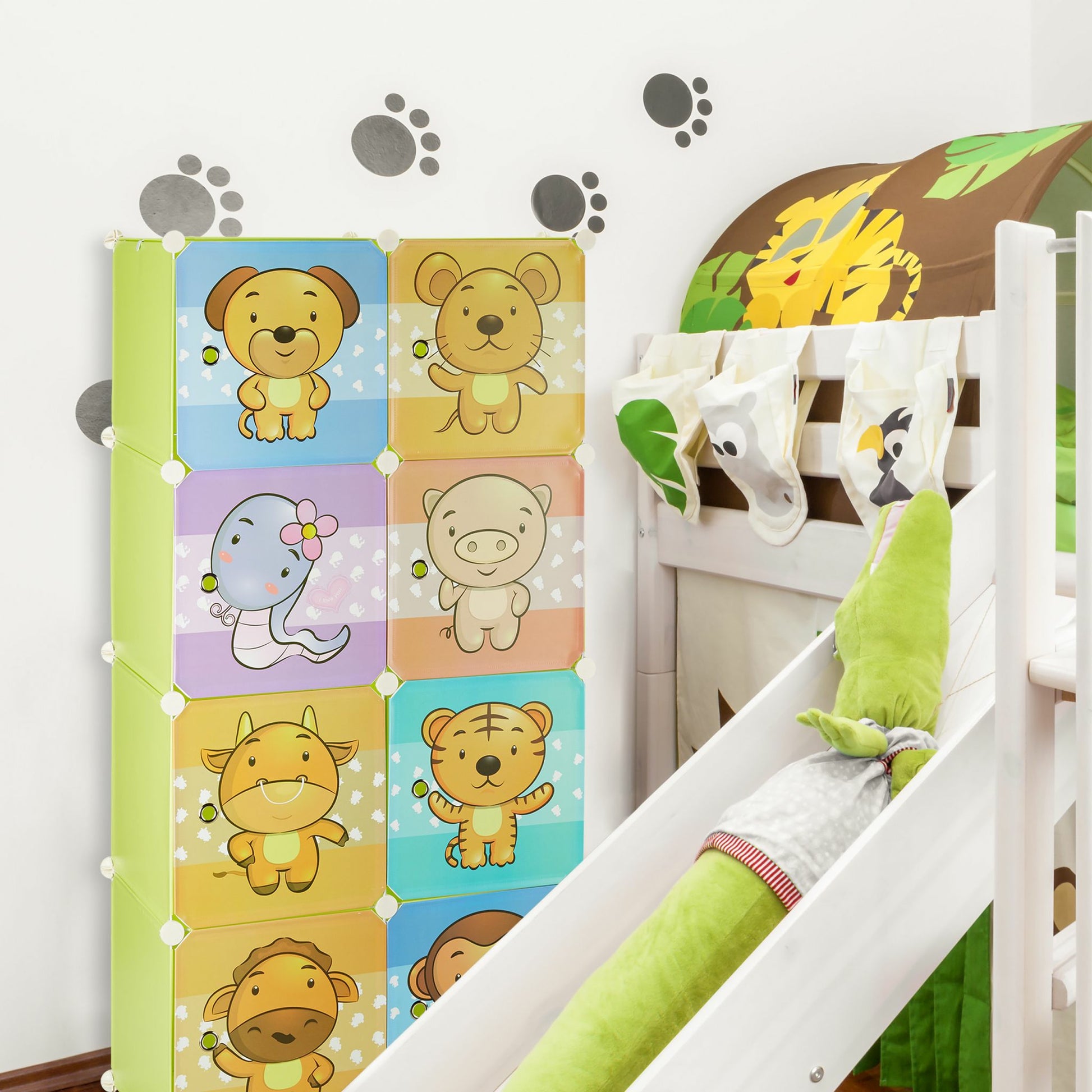 Relaxdays Kinderregal Stecksystem – 7 Böden – 74 × 36,5 × 145 cm – Mehrfarbig – Metall/Kunststoff – 1 Stk.