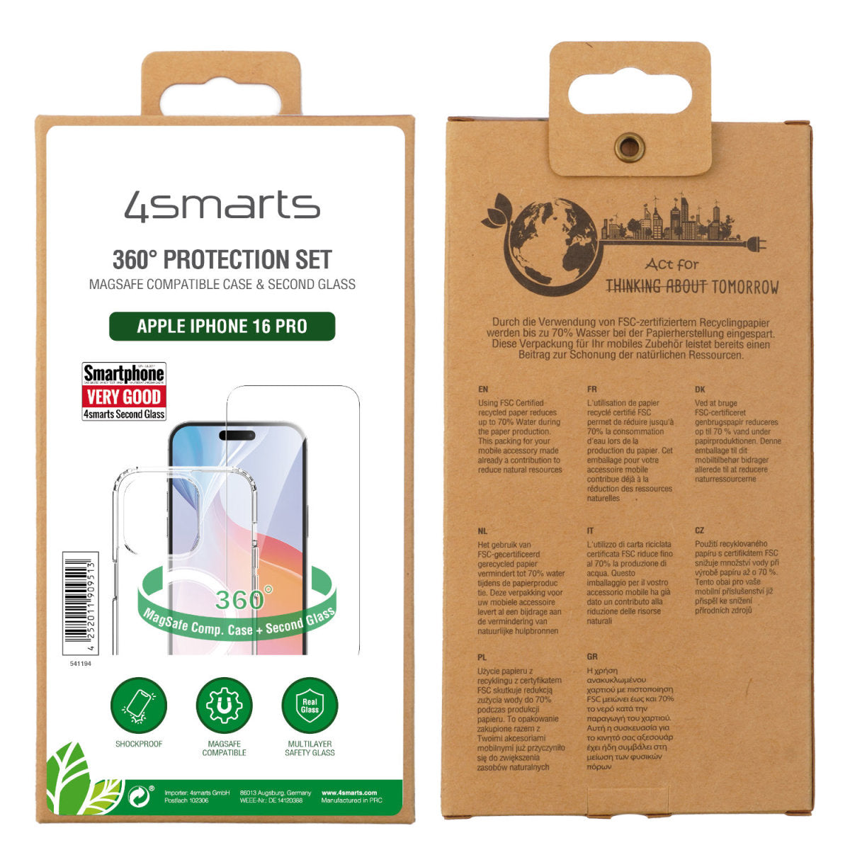 4smarts Backcover – für Apple iPhone 16 Pro, MagSafe, Gehärtetes Glas, Transparent, Displayschutz