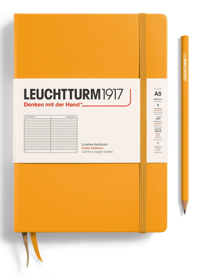 Leuchtturm Notizbuch – A5 – 251 Seiten – 80 g/m² – Hardcover, Gummiband, Einstecktasche, orange, FSC