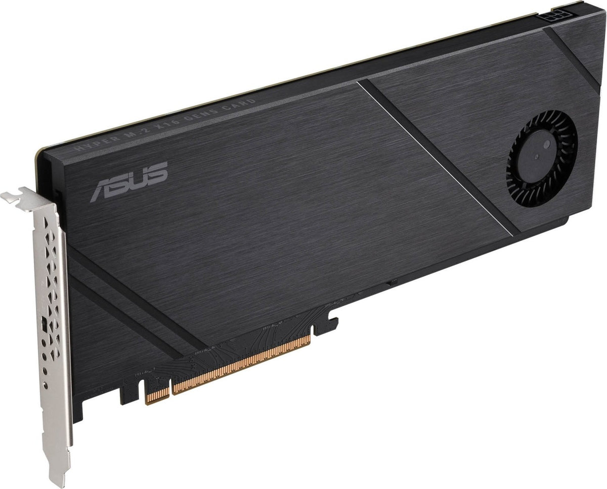 ASUS Hyper M.2 x16 Gen5 Karte – 4× M.2, 512 Gbit/s, PCIe 5.0, RAID 0/1/10/5, aktiv gekühlt – Schwarz