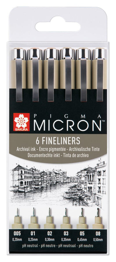 Sakura Pigma Micron Fineliner – 6er-Set – Schwarz – Wasserfest