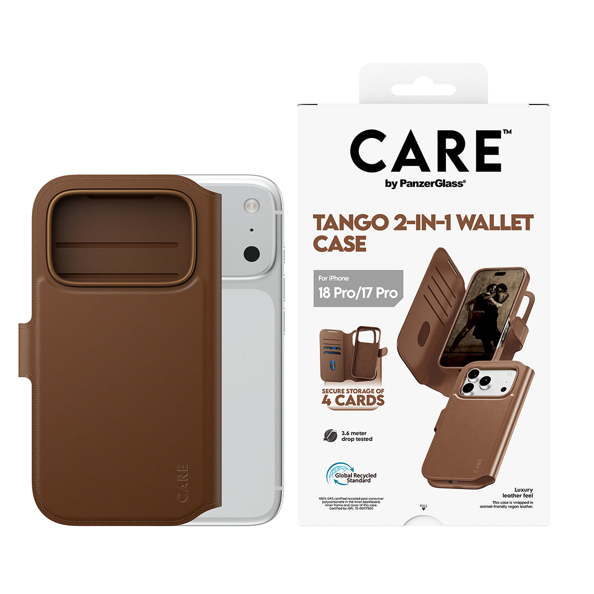 PanzerGlass CARE Tango Wallethülle – für Apple iPhone 18 Pro/17 Pro, MagSafe, Recycling-Kunststoff, Braun