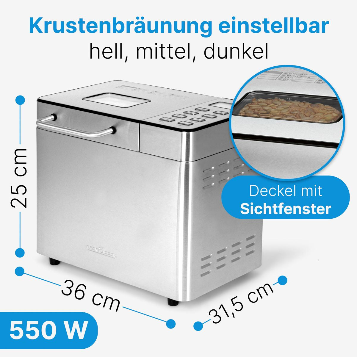 ProfiCook Brotbackautomat PC-BBA 1282 – 1,5 kg, 13 Programme, 550 W – silber/edelstahl