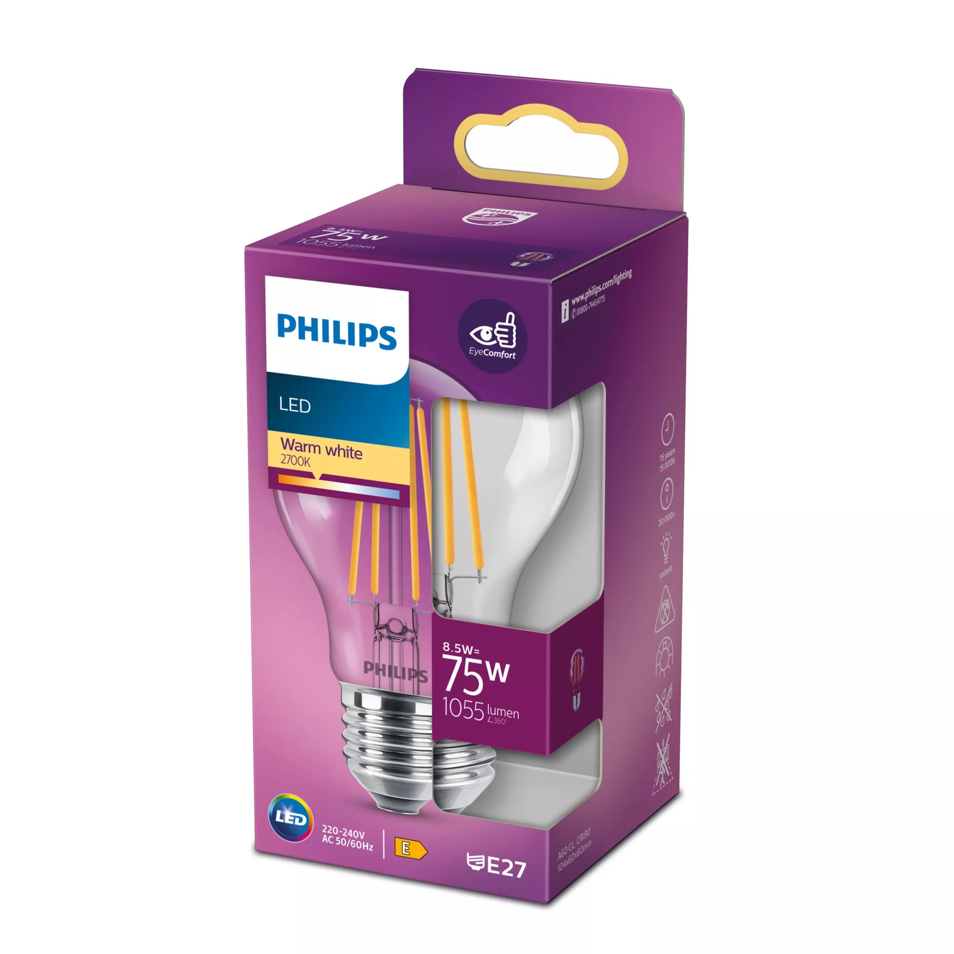 Philips by Signify Philips LED-Leuchtmittel E27 A60 – Warmweiss 2700 K, 1055 lm, 8,5 W – IP20 – 1 Stk. – Transparent, Glas