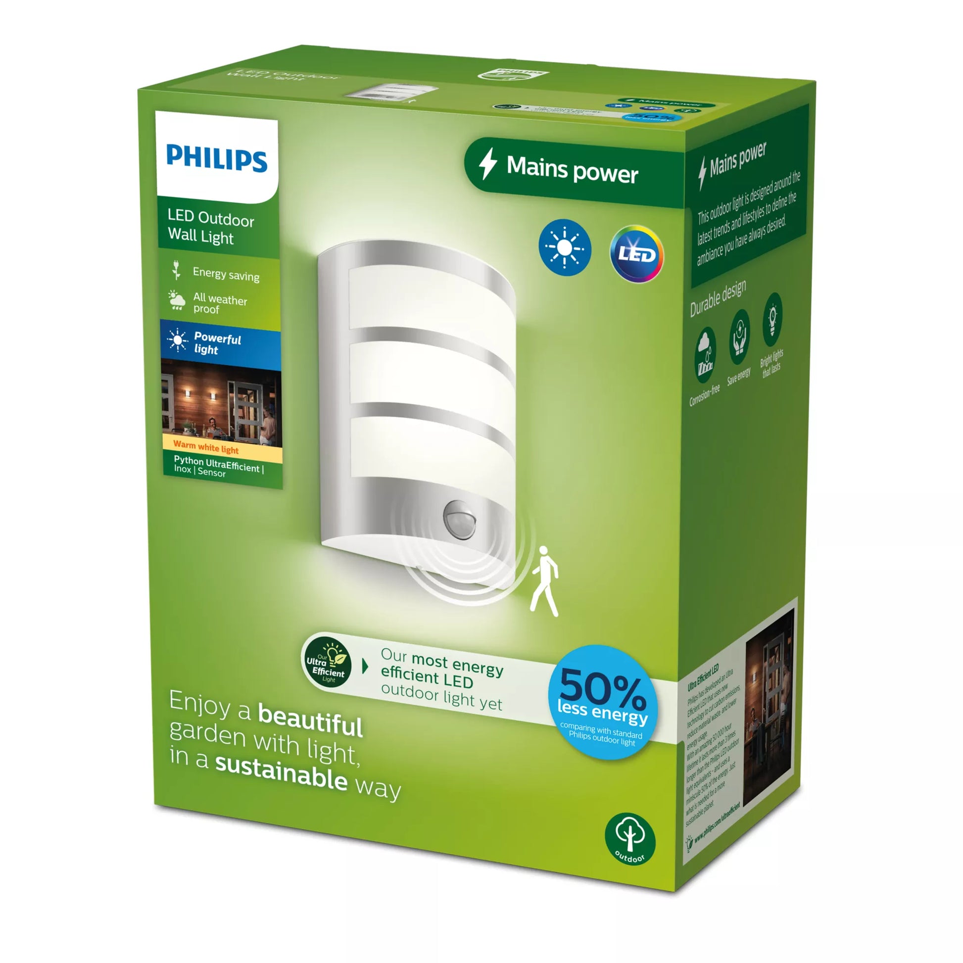 Philips by Signify Philips Aussenwandleuchte – Warmweiss, 2700 K – IP44 – Netzbetrieb – mit Bewegungsmelder – Silber, Edelstahl