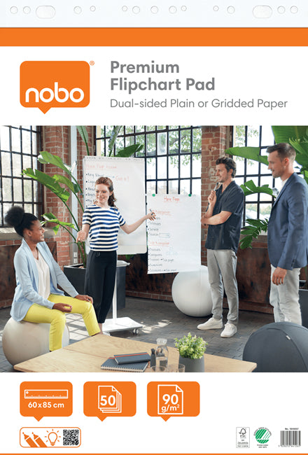 Nobo Flipchart-Block – 60 × 90 cm, 50 Blatt/Block, kariert, weiss, Papier