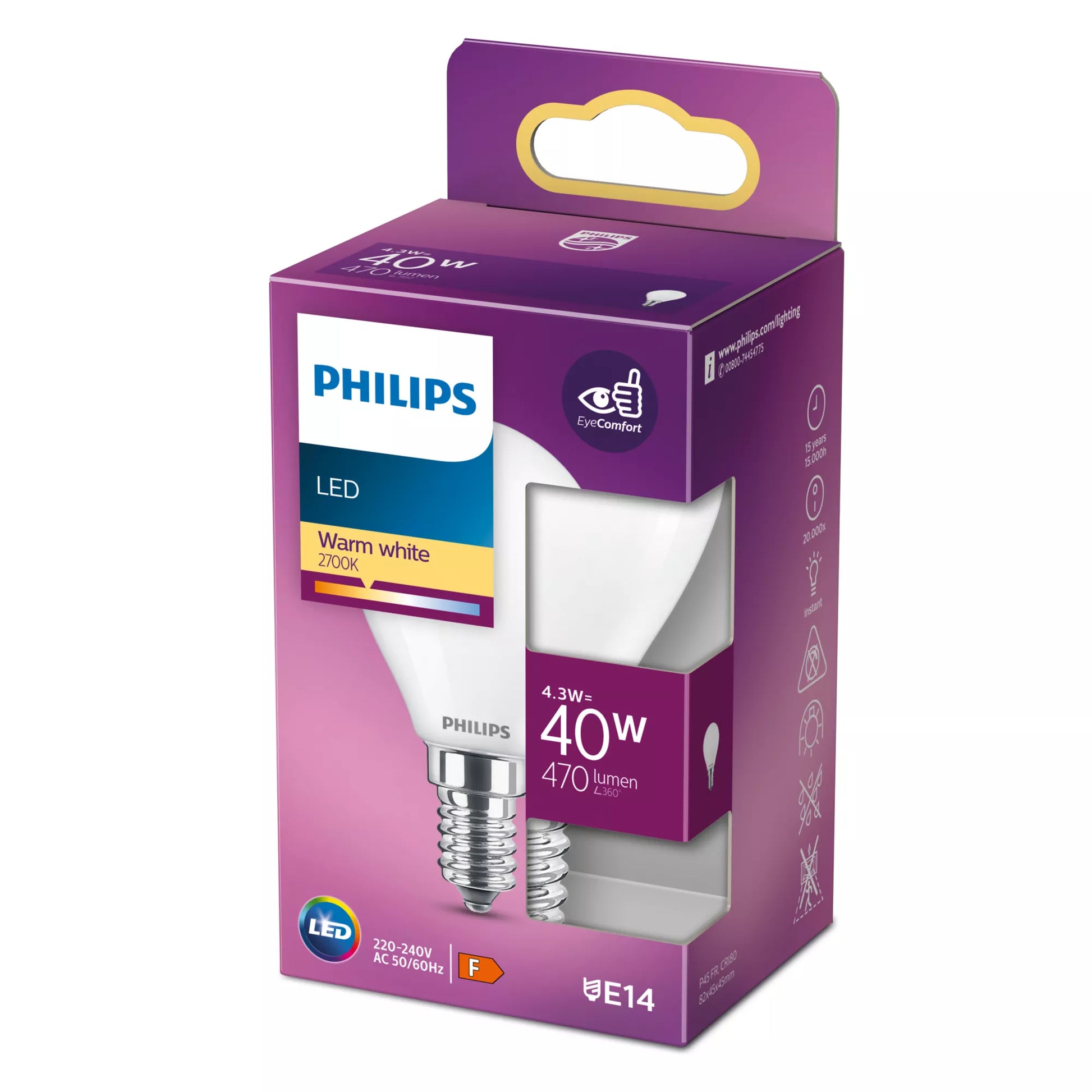 Philips by Signify Philips LED-Leuchtmittel E14 P45 – Warmweiss 2700 K, 470 lm, 4,3 W – IP20 – 1 Stk. – Milchglas